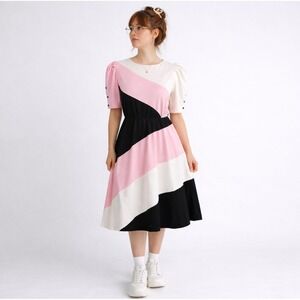 Vintage Sue & Lenny Women 80s Midi Dress Puff Sleeve Retro Colorblock USA 7 (M)